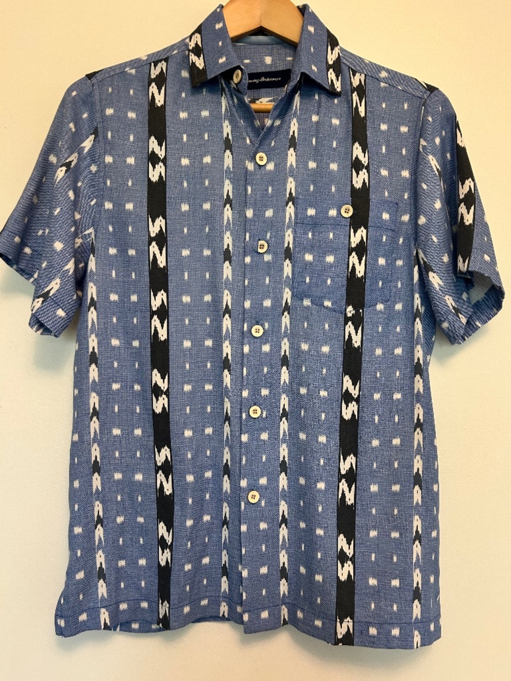 Tommy Bahama Men S Shirt Blue White Silk Blend Geometric Short Sleeve Luxury